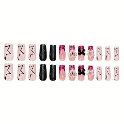 24 Pcs Pink Press on Nails Medium Square -  Winter Fake Nails Press Ons French Nail Art Tips Glue on Nails Full Cover False Nails with Charms Pentagram Design Stick on Nails Acrylic Nail Kit