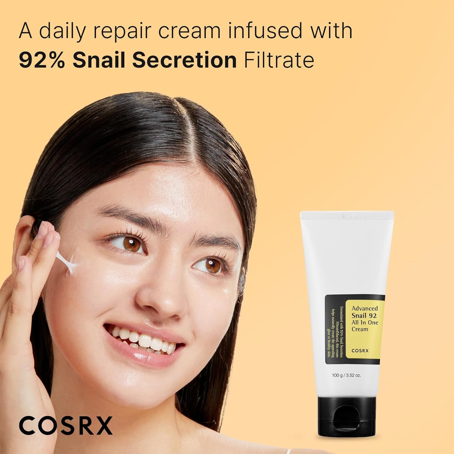 Snail Mucin 92% Moisturizer, Daily Repair Face Gel Cream Tube Type for Dry, Sensitive Skin, Not Tested on Animals, No Parabens, No Sulfates, No Phthalates, Korean Skincare (3.52Fl Oz / 100G)