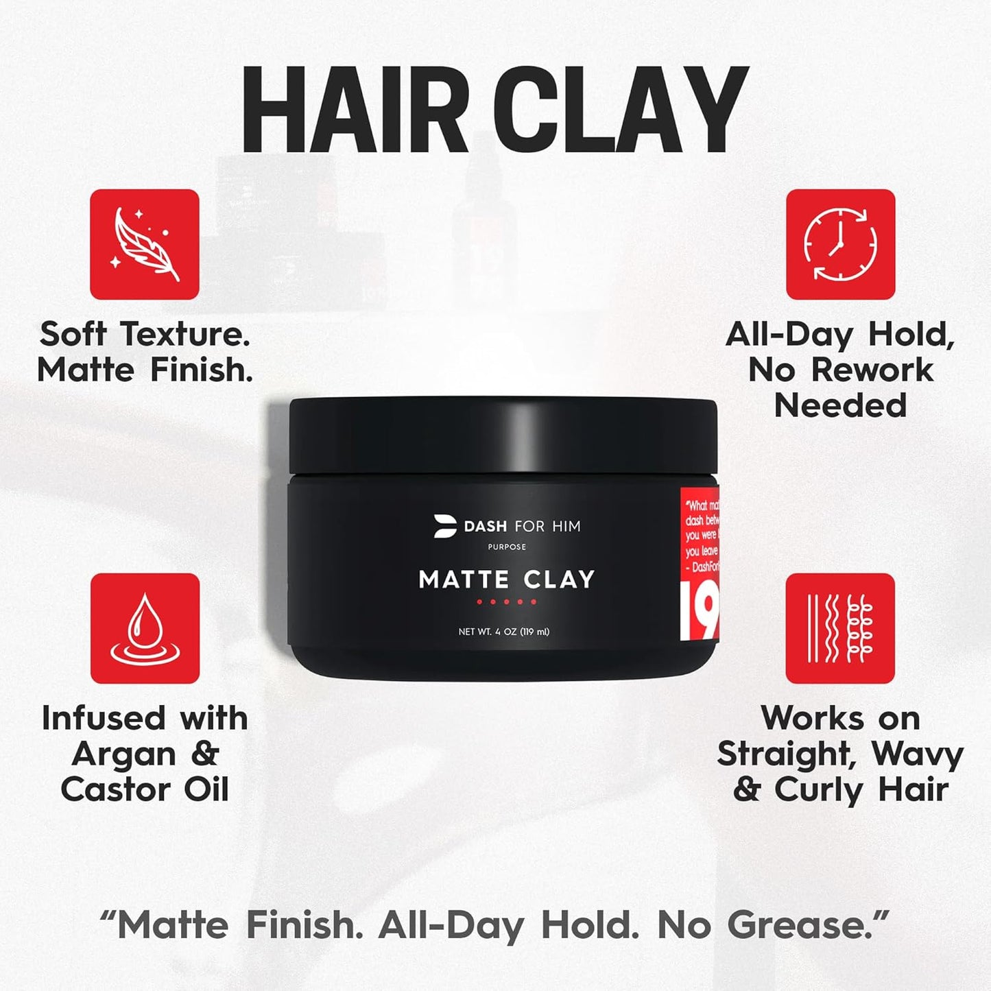 Hair Clay for Men - Matte Finish | Medium Hold, Adds Volume & Texture | Scented, Clean Ingredients, Non -Greasy & Easy to Wash Out | Barber-Grade Men'S Styling Clay I Made in the USA - 4Oz
