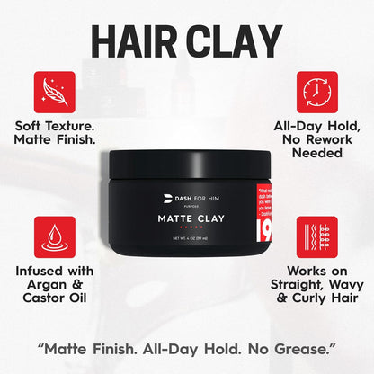 Hair Clay for Men - Matte Finish | Medium Hold, Adds Volume & Texture | Scented, Clean Ingredients, Non -Greasy & Easy to Wash Out | Barber-Grade Men'S Styling Clay I Made in the USA - 4Oz
