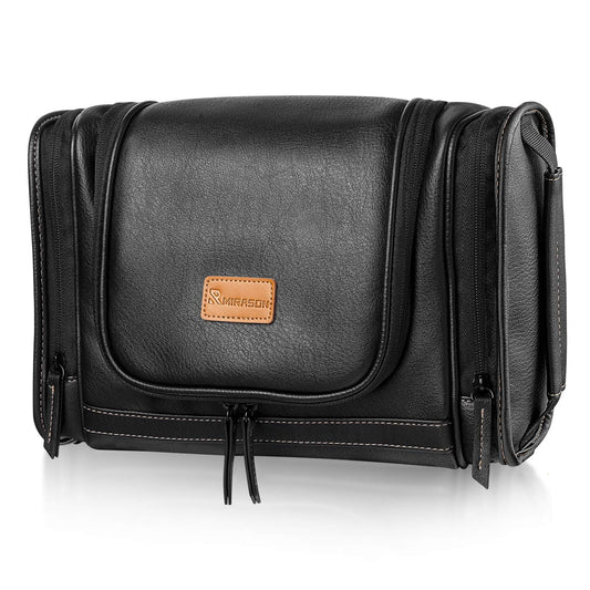 Travel Toiletry Bag, Hanging Toiletry Bag for Men, Leather Travel Shower Bag for Toiletries Dopp Kit Bathroom Bag with Metal Hook Gift for Men (Black)