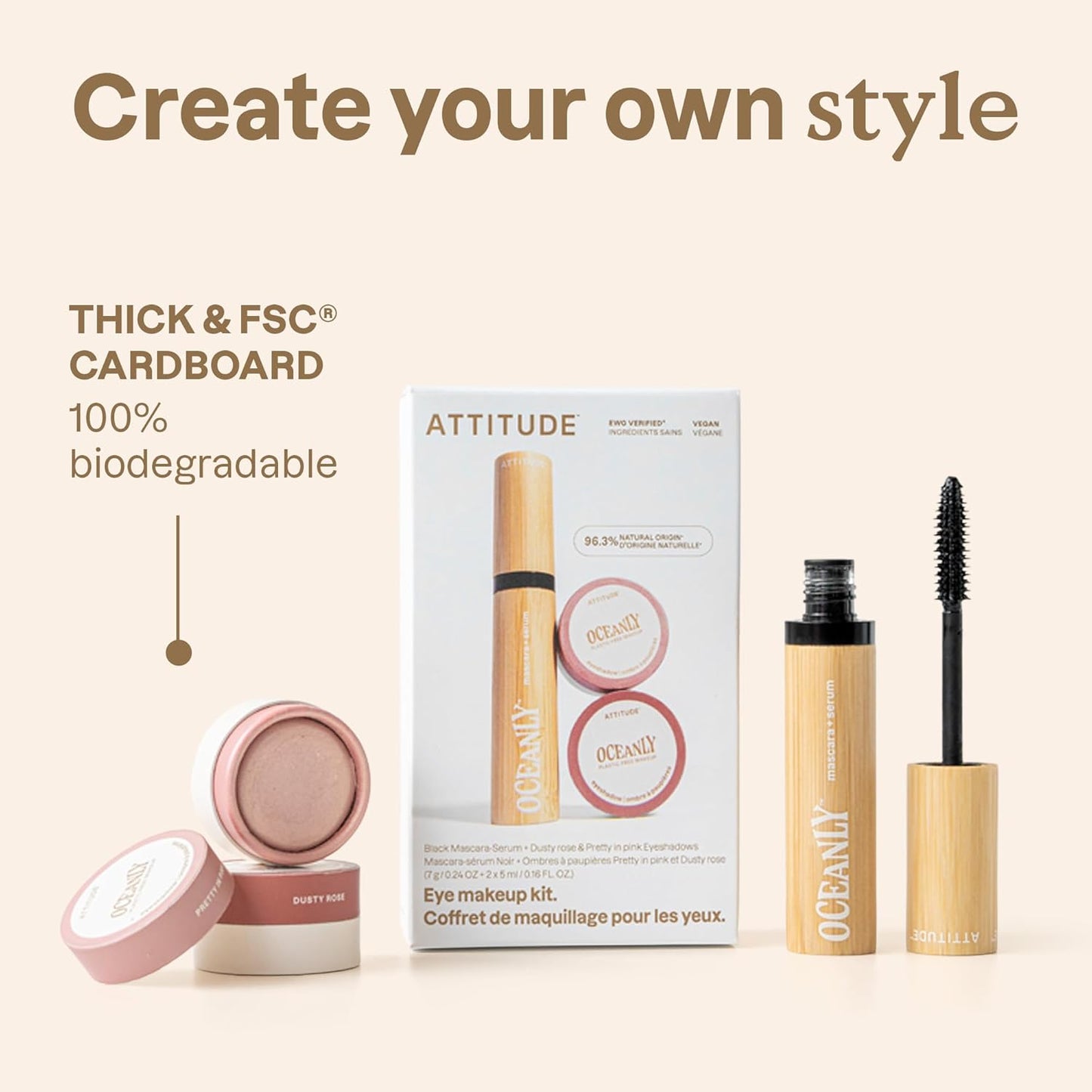 ATTITUDE Oceanly Pink Makeup Set, EWG Verified Eyeshadow and Lash Serum Infused Mascara, Vegan Beauty, Set of 3 Products